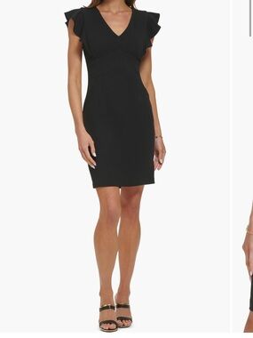 DKNY Black V-Neck Flutter Sleeve Dress